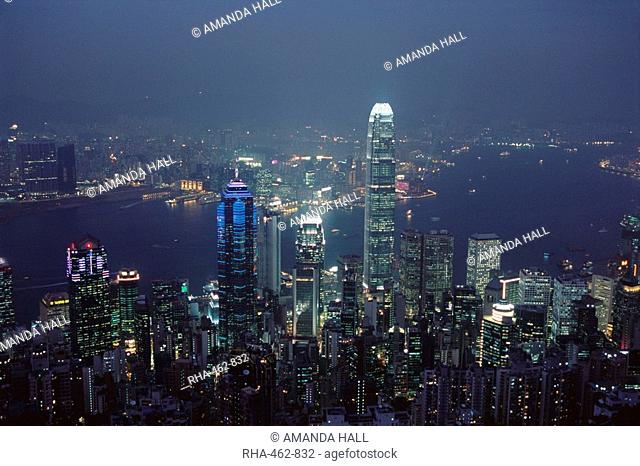 Skyline and Victoria Harbour at night, Hong Kong, China, Asia