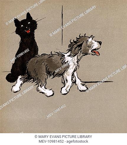 Illustration by Cecil Aldin, The Bobtail Puppy Book. A black cat laughs at Bill for not having a tail