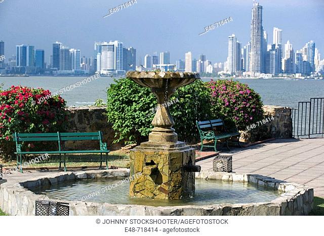 Fountain skyline Fountain park. Old Town. San Felipe. Panama city. Panama