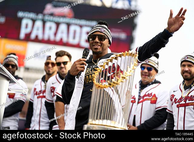 Second Baseman Ozzie Albies addresses fans at a ceremony after a parade to celebrate the World Series Championship for the Atlanta Braves at Truist Park in...