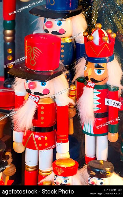 European Christmas market stall with nutcracker toys in Nuremberg, Germany