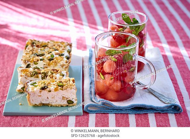 Nougat ice cream and a strawberry and watermelon salad with mint