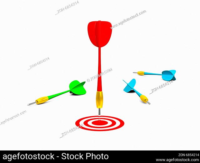 Red winner dart arrow on target with loser ones, isolated on white background
