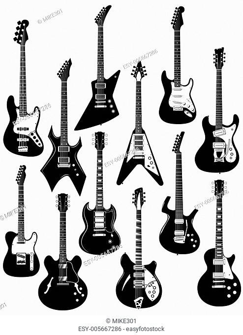 A set of twelve precisely drawn electric guitars