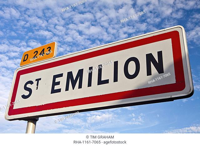 St Emilion signpost on the D243 in the Bordeaux wine region of France