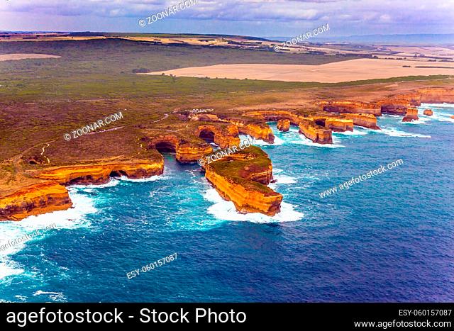 Australia. The Great Ocean Road goes along the Pacific coast. Picturesque shoreline. The picture was taken from the helicopter