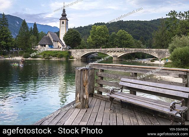 St. John the Baptist's Church and bridge, Lake Bohinj, Municipality of Bohinj, Triglav National Park, Slovenia