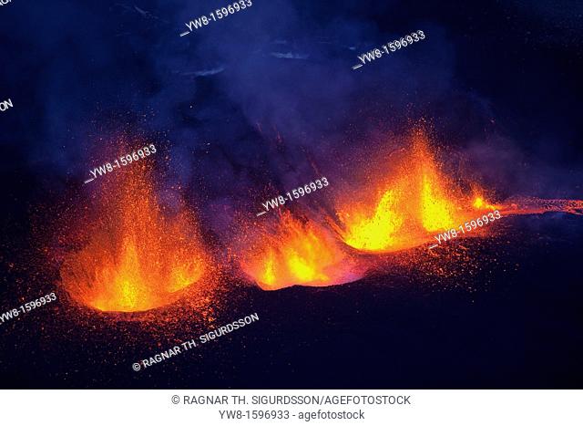 Lava fountains-Volcano eruption at Fimmvorduhals, a ridge between Eyjafjallajokull glacier, and Myrdalsjokull, Iceland 2010