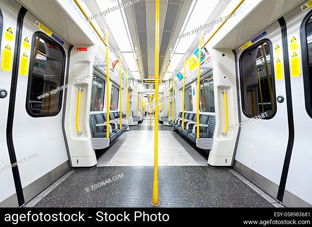 London, United Kingdom - May 12, 2019: Empty underground wagon. The Underground system serves 270 stations and has 402 kilometres