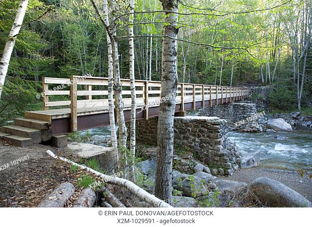 Foot bridge along the Lincoln Woods Trail which crosses Franconia Brook  At the end of this bridge hikers enter into the Pemigewasset Wilderness  Old trestle...