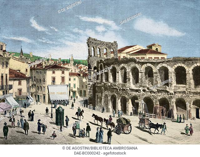 The Arena of Verona and its square, Veneto, Italy, illustration from the weekly Rivista Illustrata (Illustrated Magazine), No 253, November 4, 1883