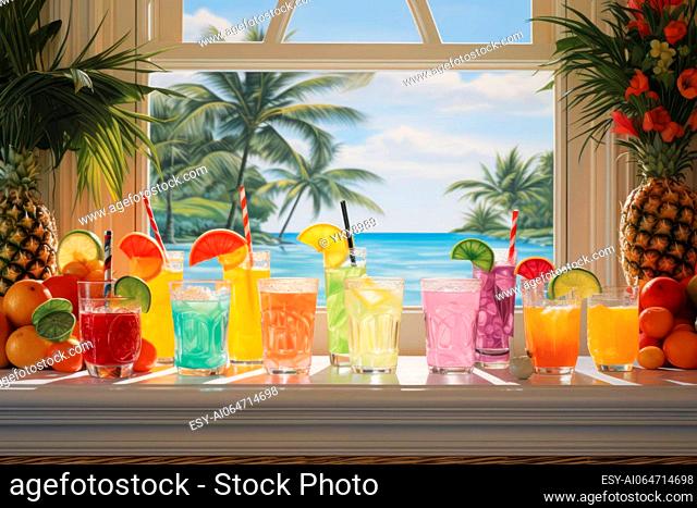 A close up of a tropical bar setting with a row of colorful rum punch cocktails, beckoning patrons to enjoy a taste of paradise