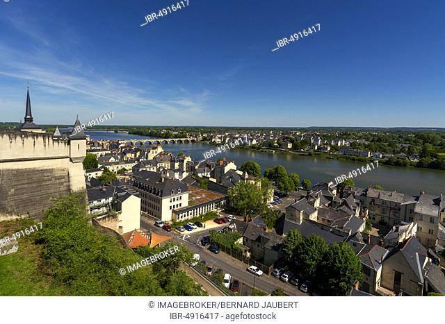View of the city with Loire river from the Château de Saumur, Saumur, Maine-et-Loire Department, France, Europe
