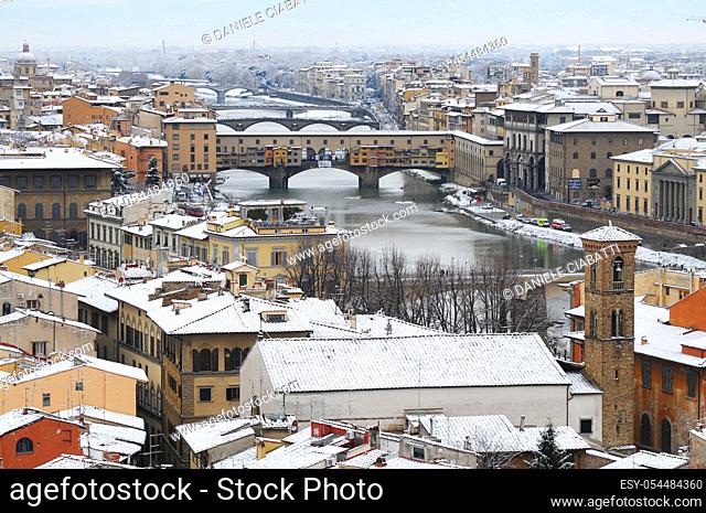 Ponte Vecchio or Old Bridge Florence Italy with snow panorama Tuscany