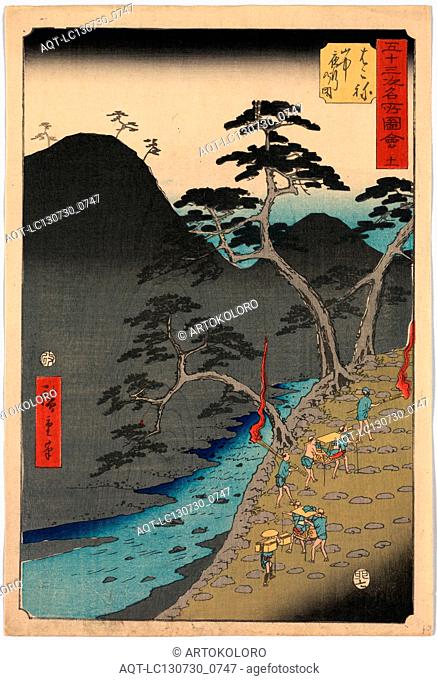 Hakone, Ando, Hiroshige, 1797-1858, artist, 1855., 1 print : woodcut, color ; 36.4 x 24.6 cm., Print shows travelers and porters crossing a steep pass in the...