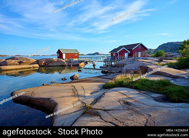 Beach houses, archipelago, morning, summer, Hunnebostrand, Skagerrak, Bohuslän, Västra Götalands län, Vastra Gotaland, Sweden