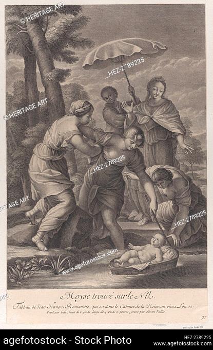 Three women pulling in the basket with the infant Moses from the water, ca. 1729. Creator: Simon Vallee