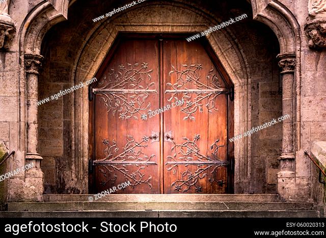 Old Reinforced Medieval Middle Ages Entrance Wooden Iron Doors Stone Castle Church Cathedral Staircase Dramatic Shadow Mysterious