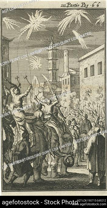 Procession on elephants with music and fireworks on the occasion of the wedding of the daughter of the governor of Suratte, Print marked upper right: III