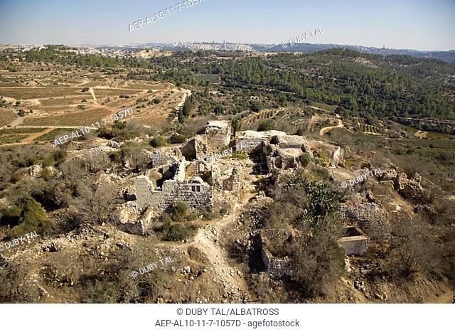 An aerial view of the ruins of the arab village of Suba and Belmont castle in Tzova