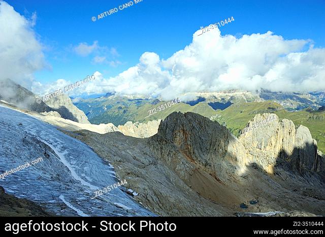 The glacier of he Marmolada, the higest mountain of the Dolomites. They are a mountain range declared a UNESCO World Heritage Site