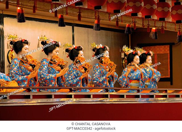 THE CHERRY TREE DANCE PERFORMED BY THE MUSICIAN GEIKOS AND MAIKOS JIKATA WHO PLAY THE DRUM TSUTSUMI AND THE FLUTE, MIYAKO-ODORI SHOW AT THE KABURENJO THEATRE OF...