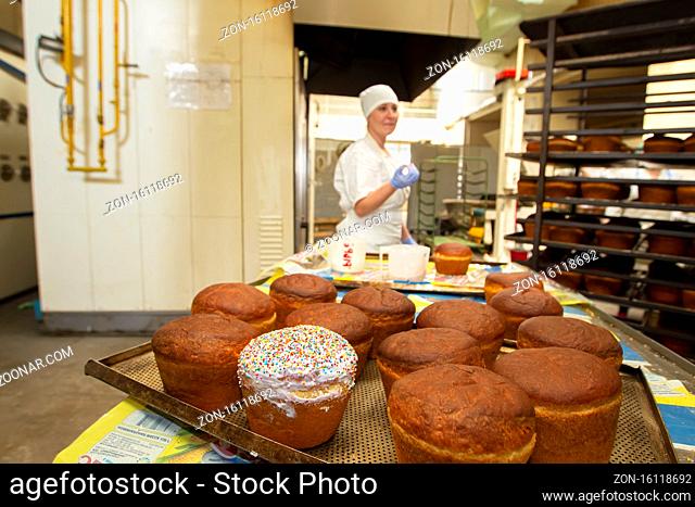 Belarus, the city of Gomil, April 25, 2019. Bakery.Industrial production of Easter cakes. Bread baking shop