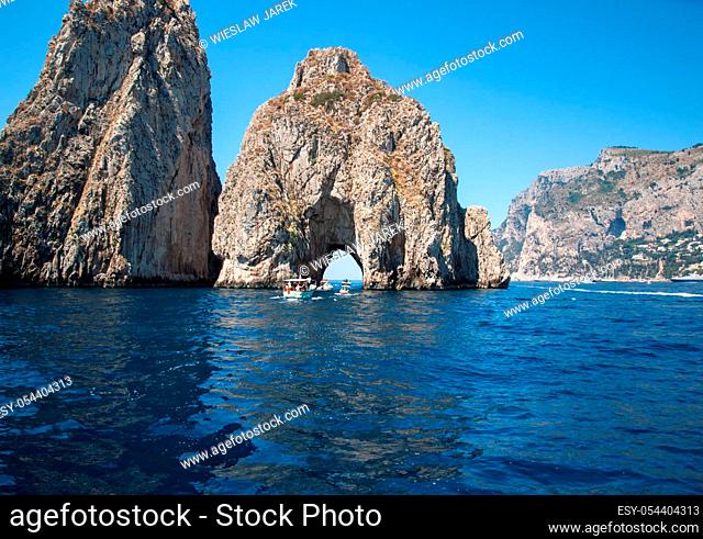 View from the boat on the Faraglioni Rocks on Capri Island, Italy