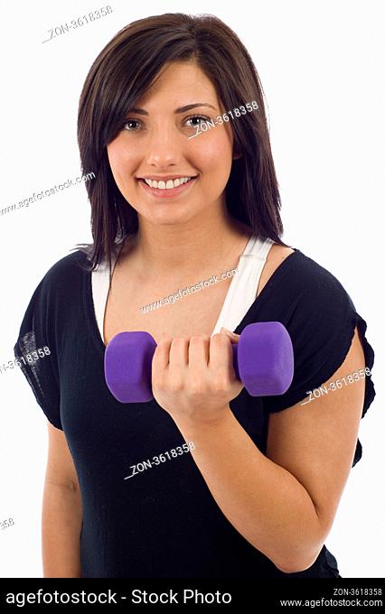 Friendly attractive woman exercising with dumbbell isolated over white