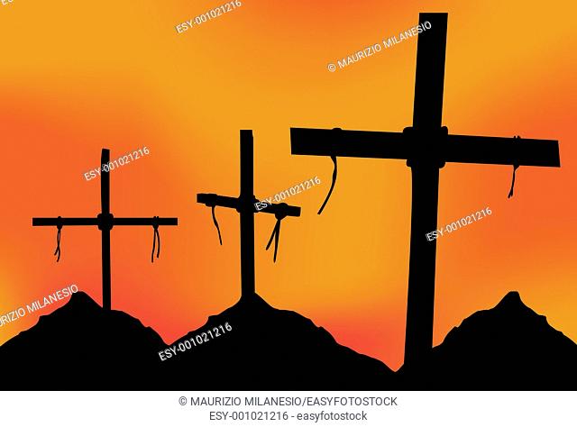 Three Crosses in silhouette in front of a gray sky