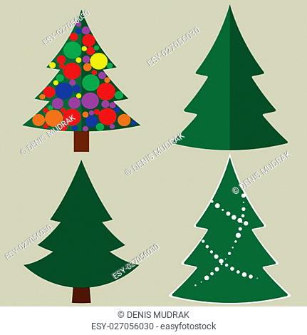 Set of Christmas trees with and without ornaments. Modern flat vector illustration