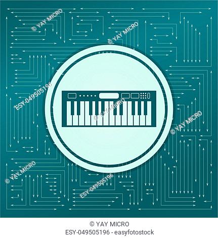 synthesizer icon on a green background, with arrows in different directions. It appears on the electronic board. illustration