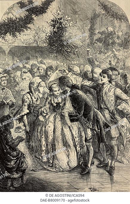 A Christmas dance a long time ago, engraving after a drawing by Charles Joseph Staniland (1838-1916), from The Illustrated London News, No 1683-1684