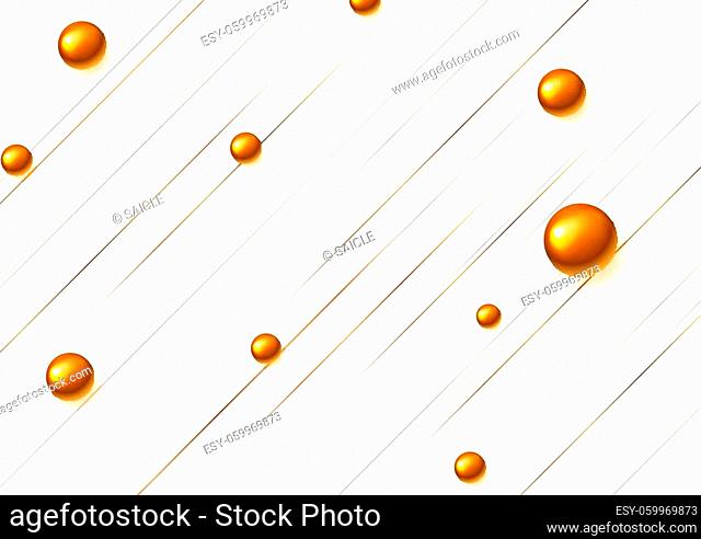 Minimal vector graphic design with bronze lines and circle beads. Geometric glossy 3d spheres. Abstract corporate tech background