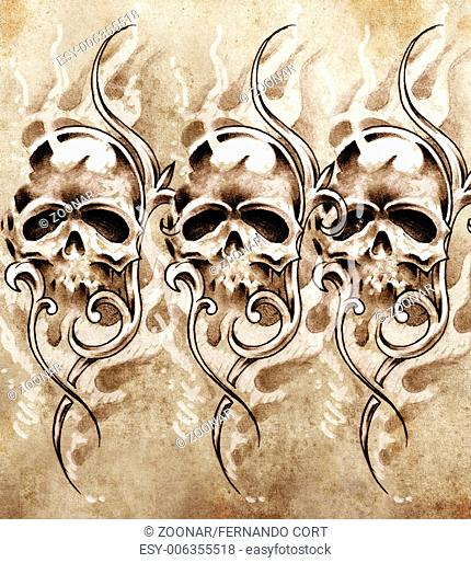 Sketch of tattoo art, skulls