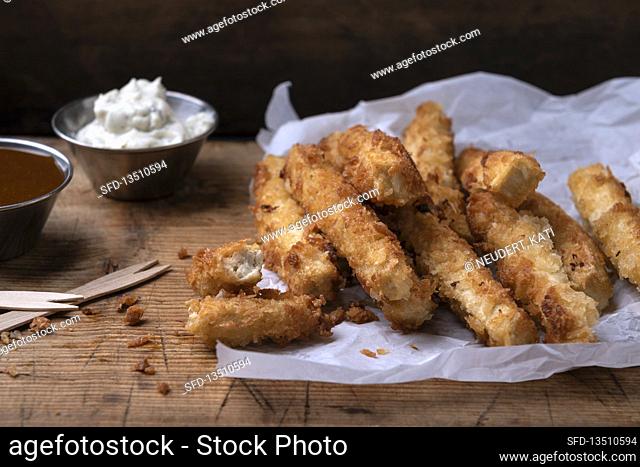 Tofu sticks in spicy panko breading with vegan herb mayo and curry ketchup