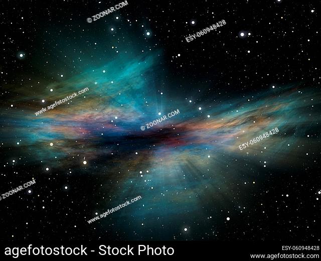 Traveling through universe, colorful nebula and star fields. Space background with rays of light, abstract illustration