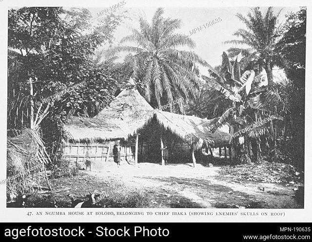 An Ngumba house at Bolobo, belonging to Chief Ibaka [showing enemies skull on roof.]. Johnston, Harry Hamilton, Sir, 1858-1927 (Author)