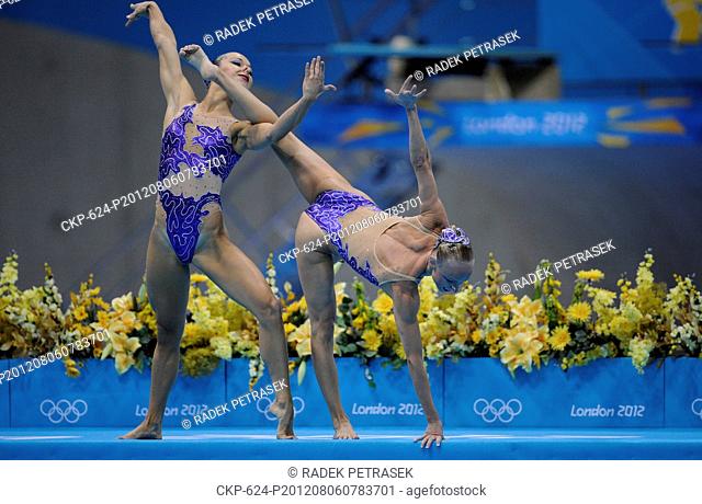 Alzbeta Dufkova left and Sona Bernardova of the Czech Republic during the synchronised swimming duets technical routine qualification round, London