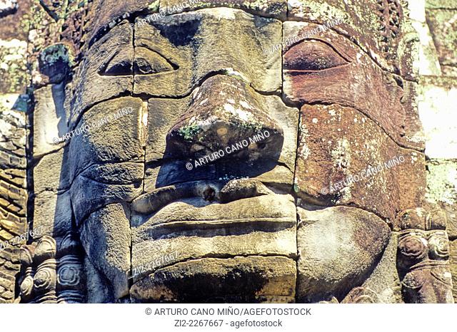 Bayon Buddisht temple in Angkor Thom, the capital city of the Khmer empire, XIIth century. Angkor, Siem Reap Province, Cambodia