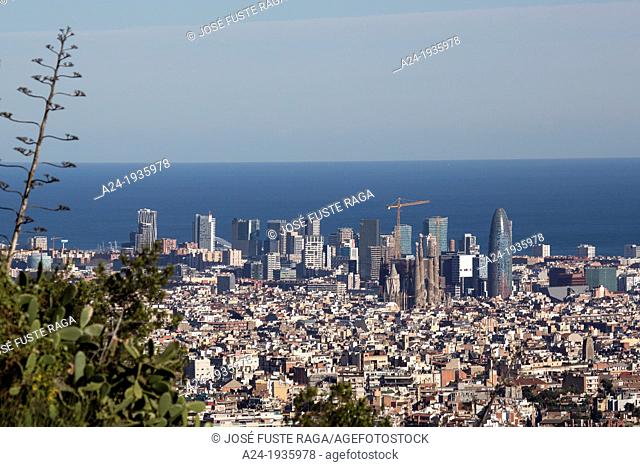 Spain , Catalunya Region , Barcelona City, Diagonal Mar Skyline , Sagrada Familia and Agbar Tower