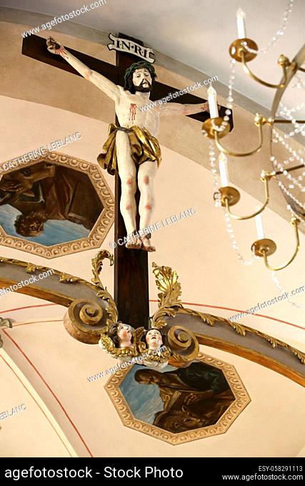 Jesus Christ on the cross. Church of Saint-Gervais-et-Protais. Saint-Gervais-les-Bains. Haute-Savoie. Auvergne Rhône-Alpes. France. Europe