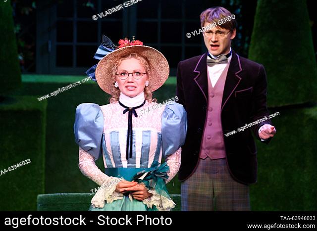 RUSSIA, MOSCOW - OCTOBER 26, 2023: Actors Yekaterina Lisitsyna (L) as Kitty Verdun and Alexander Seppius as Jack Chesney perform during the premiere of Dmitry...