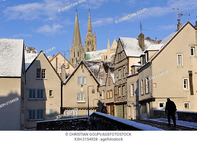 Bouju bridge and Bourg street with the Cathedral of Chartres background, Chartres in winter, Eure-et-Loir department, Centre region, France, Europe