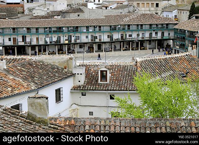 View of the Plaza Mayor from the Clock Tower of Chinchón, medieval town in the Community of Madrid