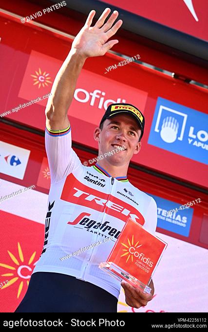 Danish Mads Pedersen of Trek-Segafredo celebrates on the podium after winning stage 13 of the 2022 edition of the 'Vuelta a Espana', Tour of Spain cycling race