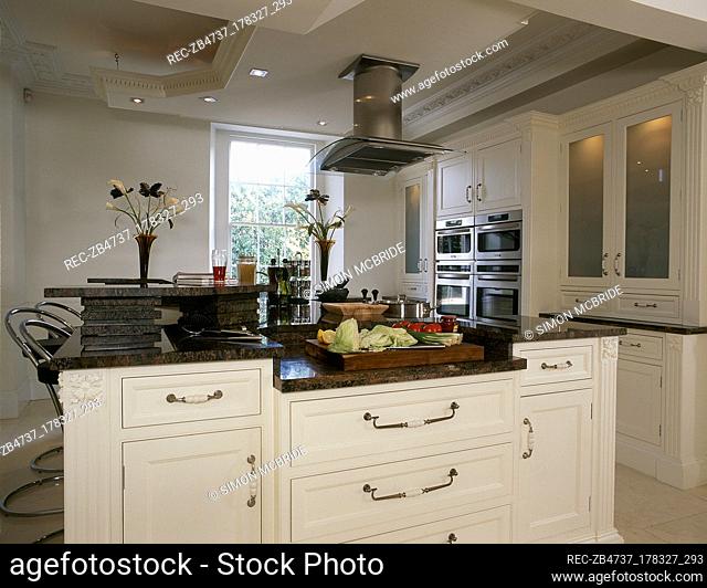 Kitchen with white painted cupboard units and central island