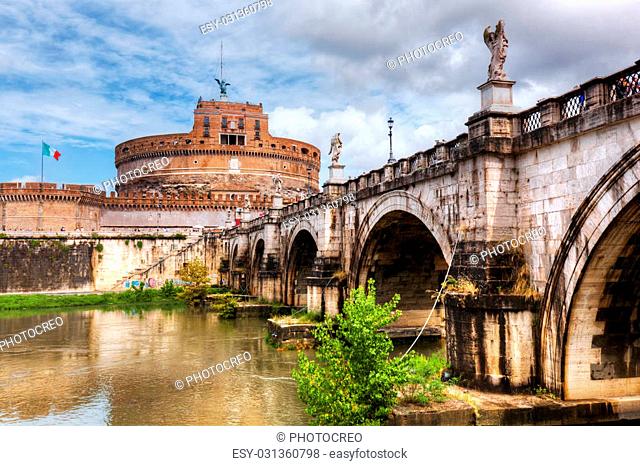 Castel Sant&#39;Angelo, Rome, Italy. View from the other side of the Tiber river and Ponte Sant&#39;Angelo bridge