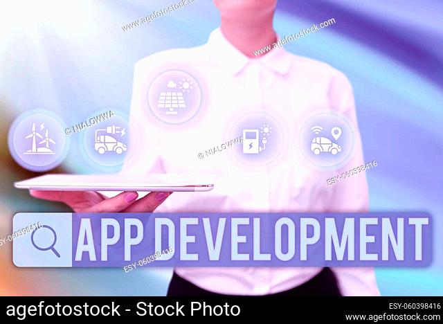 Text caption presenting App Development, Conceptual photo Development services for awesome mobile and web experiences Lady Uniform Standing Tablet Hand...