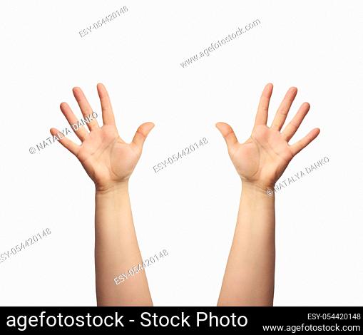 female hand is raised up with an open palm, part of the body is isolated on a white background, concept of joy, voting